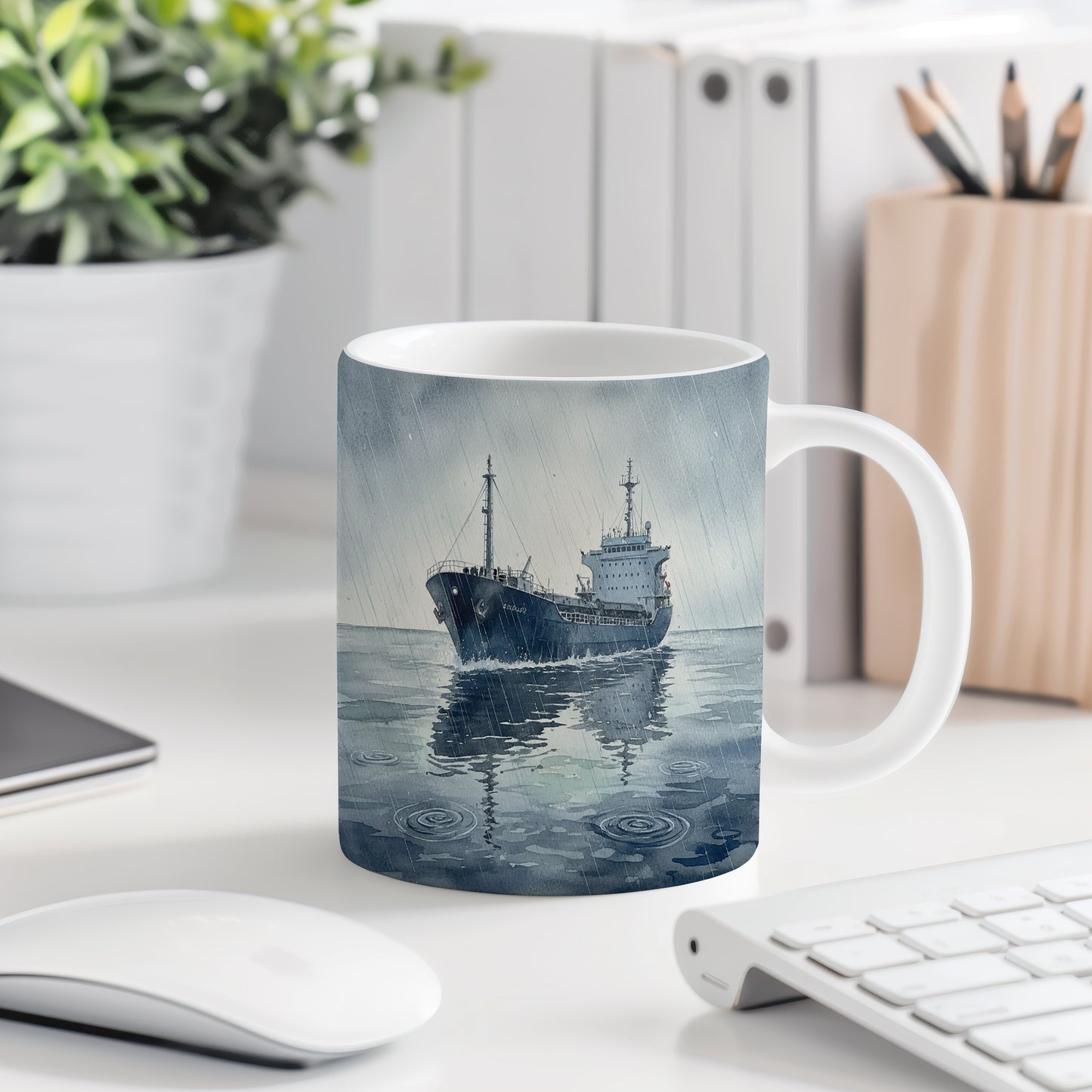 Hrnek s nákladní lodí na rozbouřeném moři