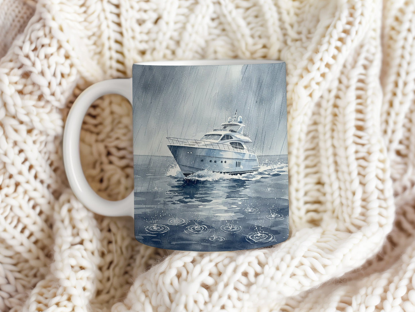 Hrnek s jachtou na rozbouřeném moři