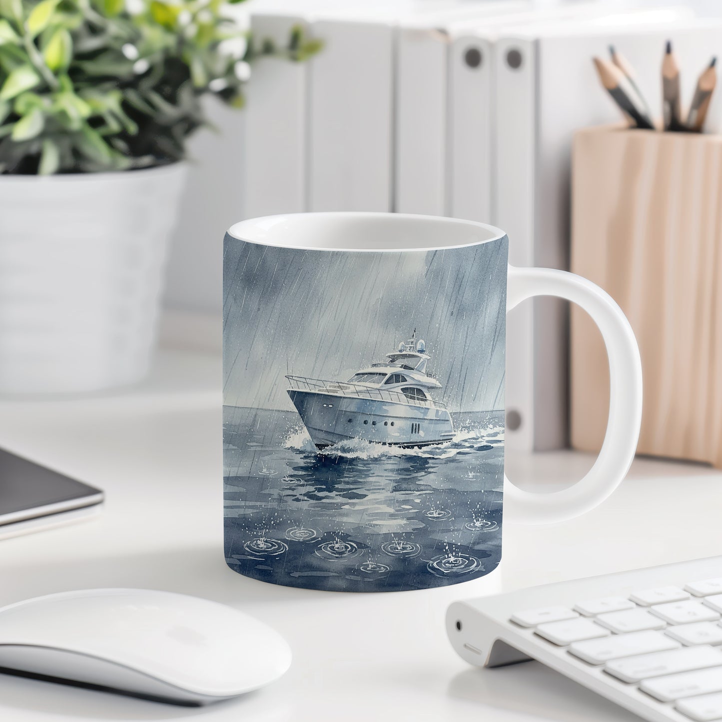 Hrnek s jachtou na rozbouřeném moři