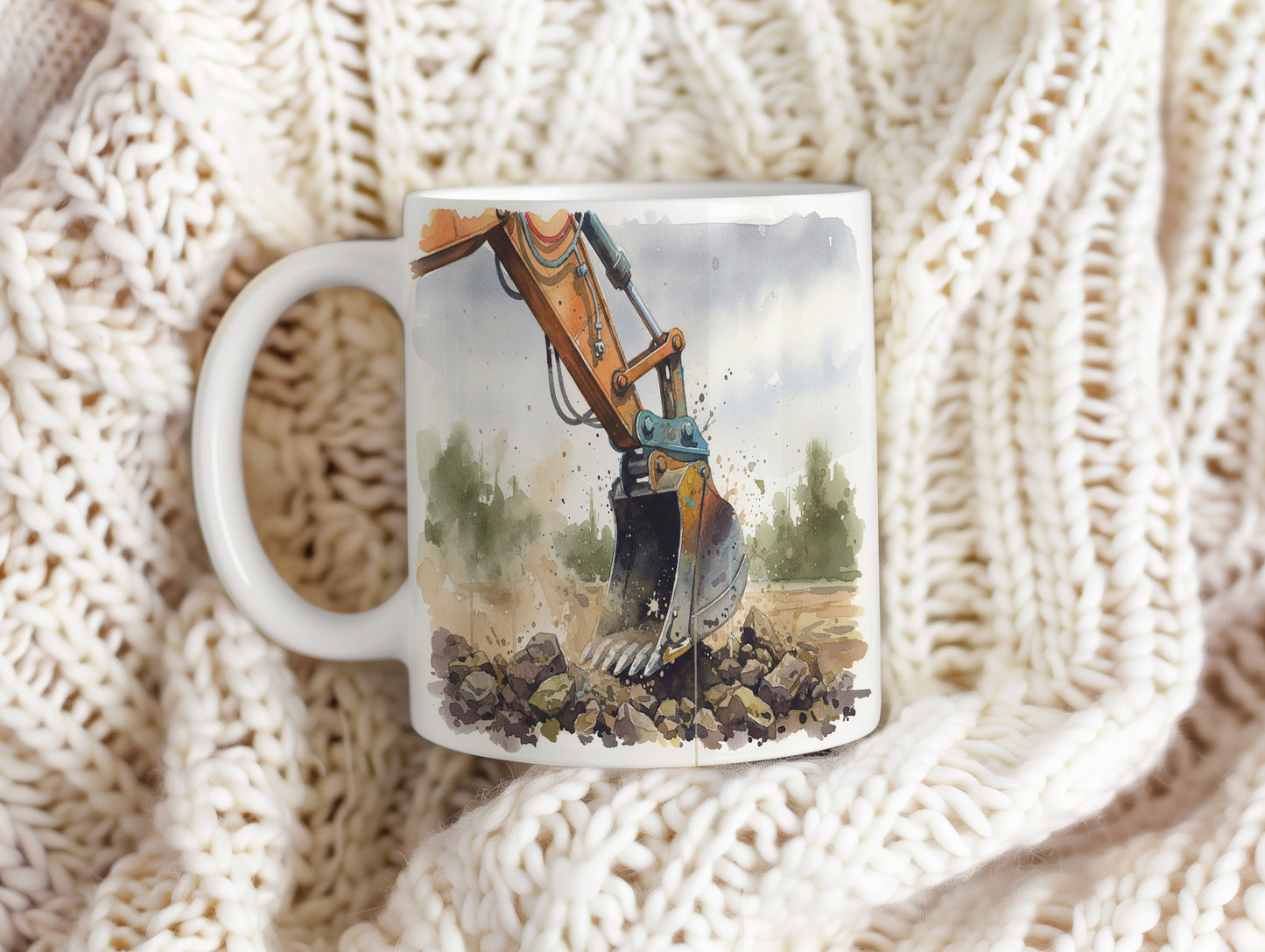 Hrnek s bagrem v dynamickém pohybu