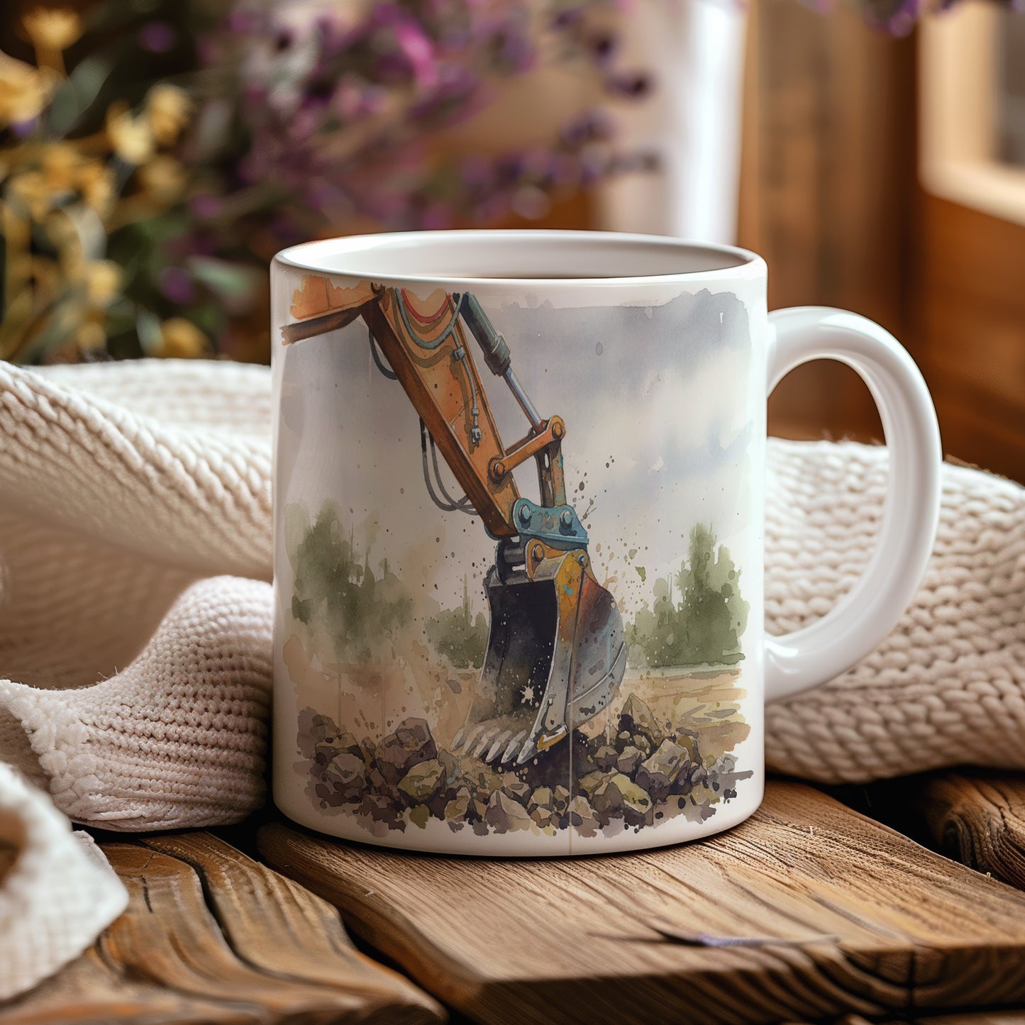 Hrnek s bagrem v dynamickém pohybu