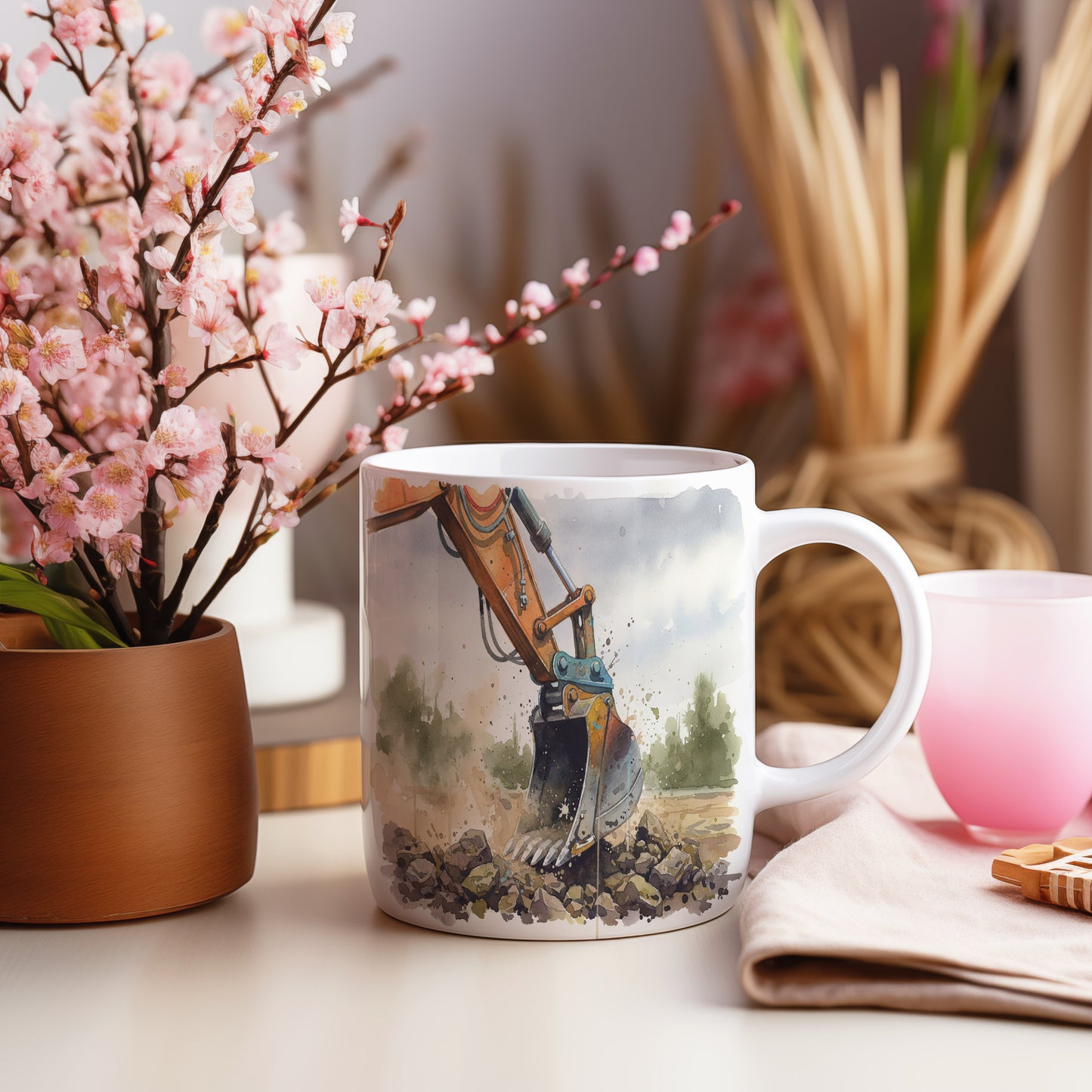 Hrnek s bagrem v dynamickém pohybu