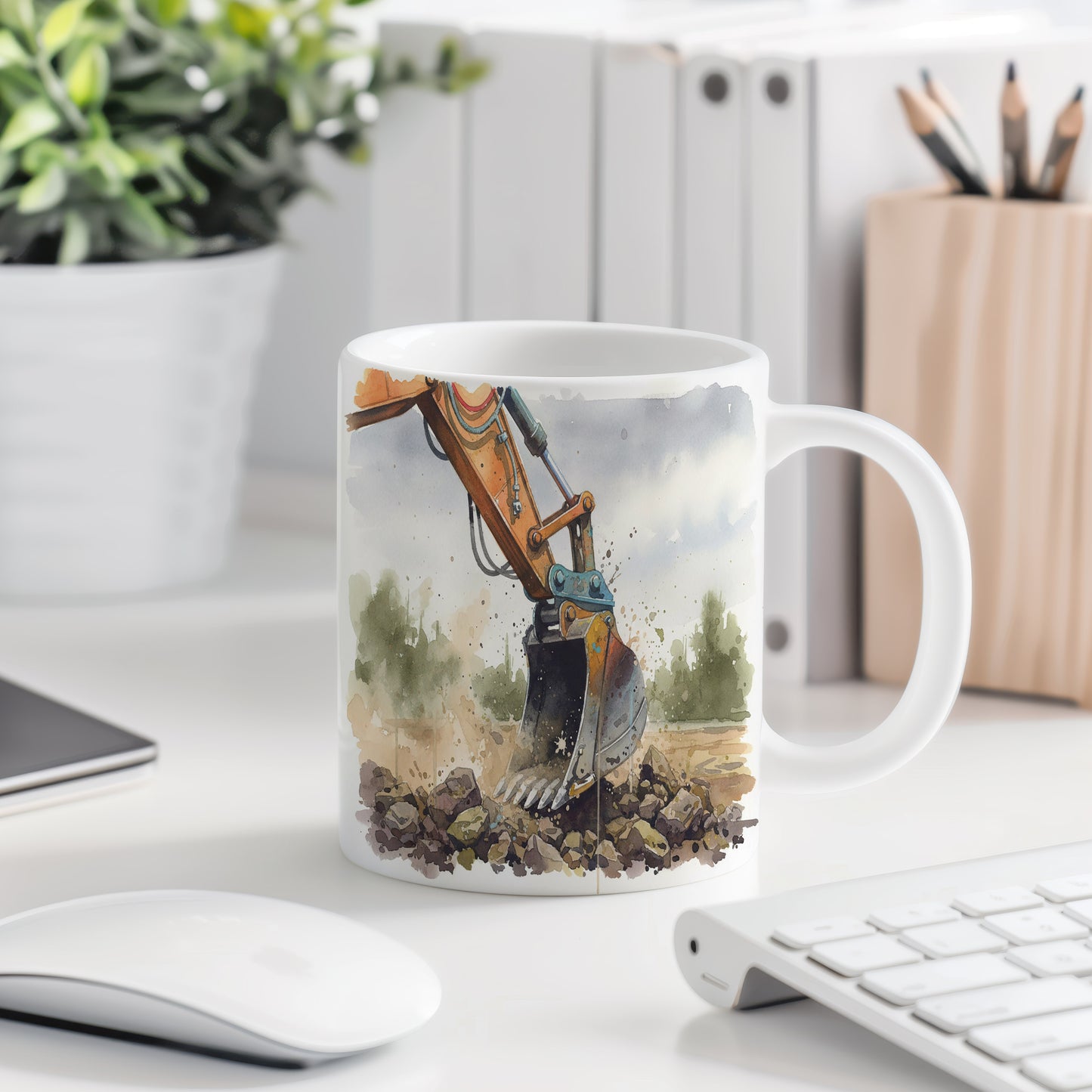 Hrnek s bagrem v dynamickém pohybu