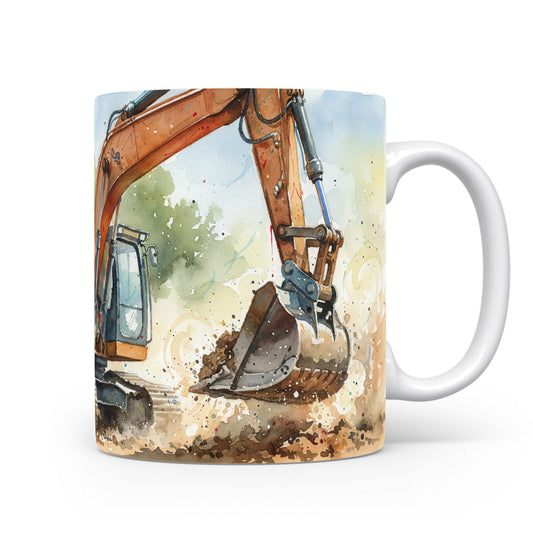 Akvarelový bagr v pohybu na hrnku