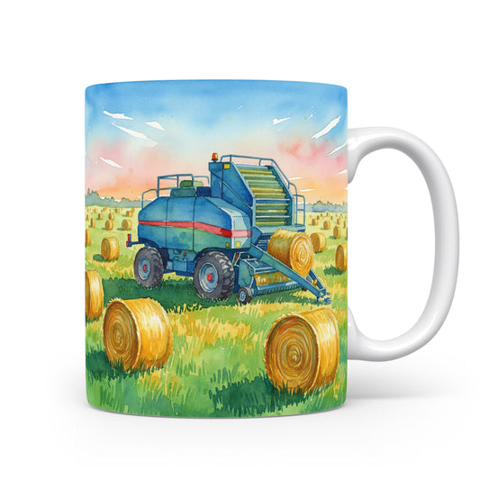 Kombajn na poli s balíky slámy