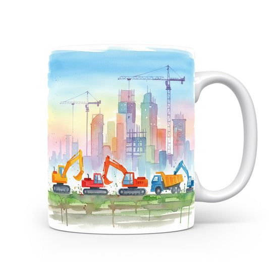 Jeřáby a městské panorama na hrnku