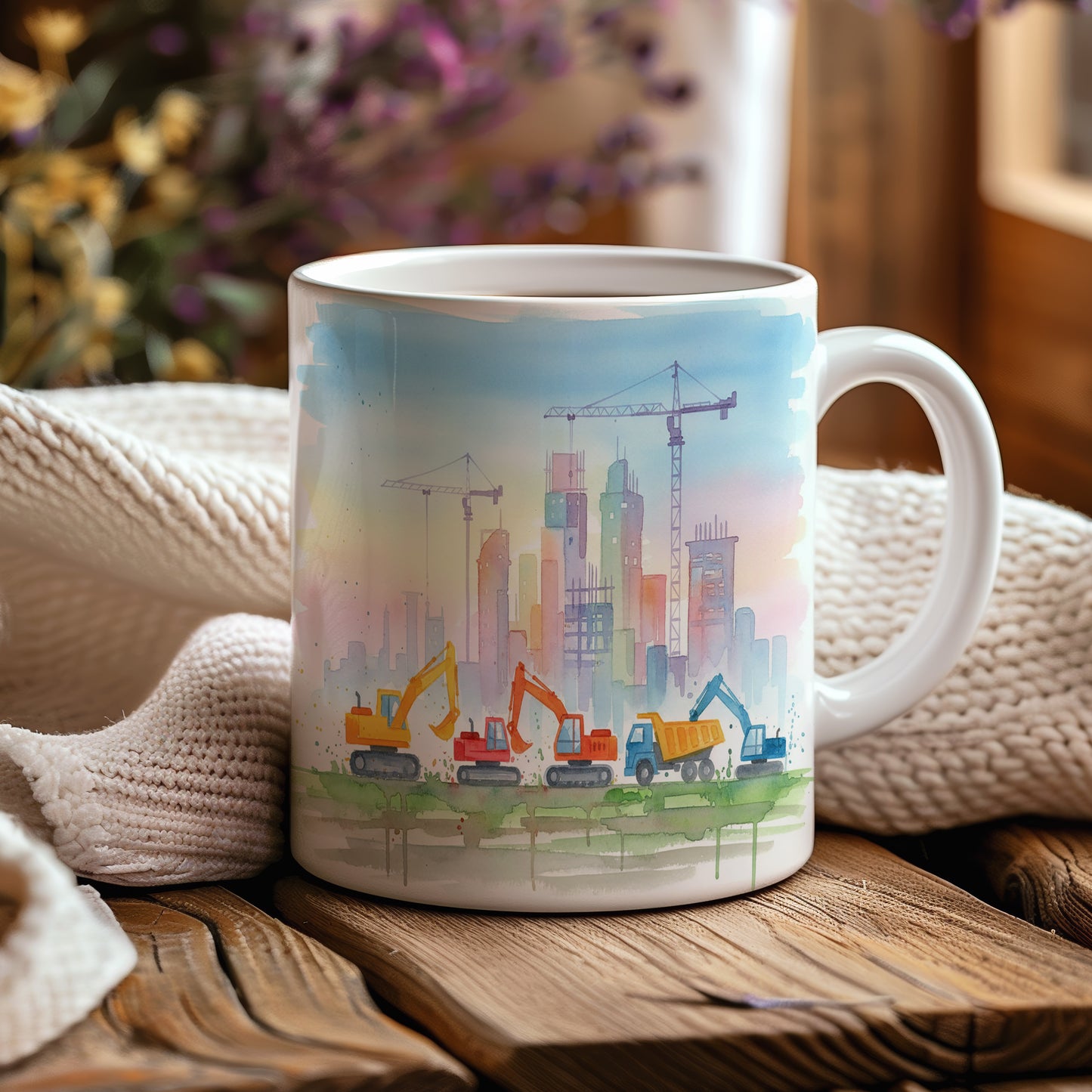 Hrnek s jeřáby na pozadí městského panoramatu