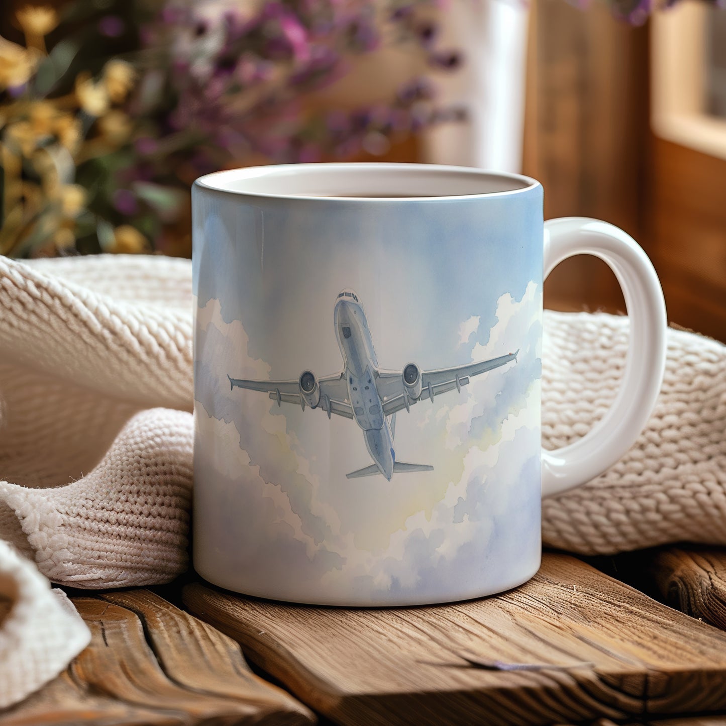 Hrnek s letadlem v modré obloze