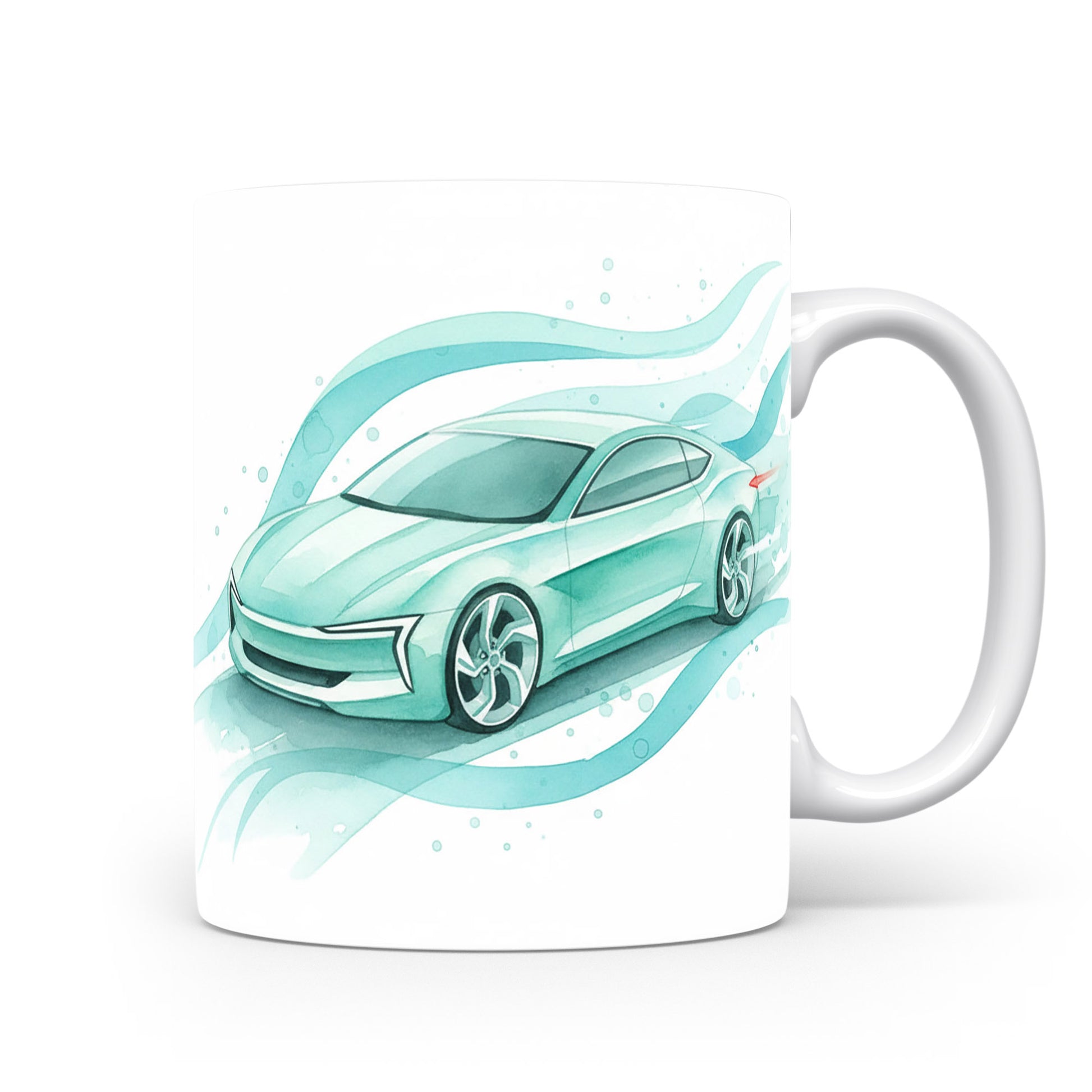 Hrnek s futuristickým autem v akvarelovém stylu