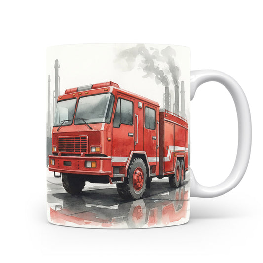 Hasičský vůz před továrnou na hrnku