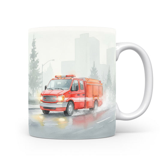 Hasičský vůz v mlze na hrnku