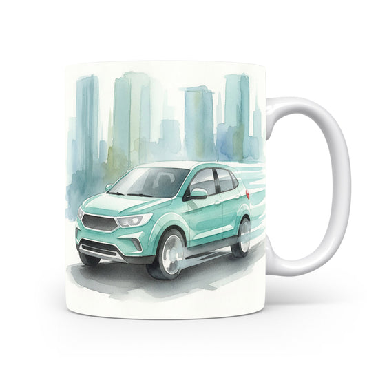 Hrnek s SUV v městském akvarelu