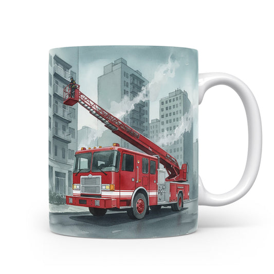 Hrnek s hasičským vozem v ulicích města