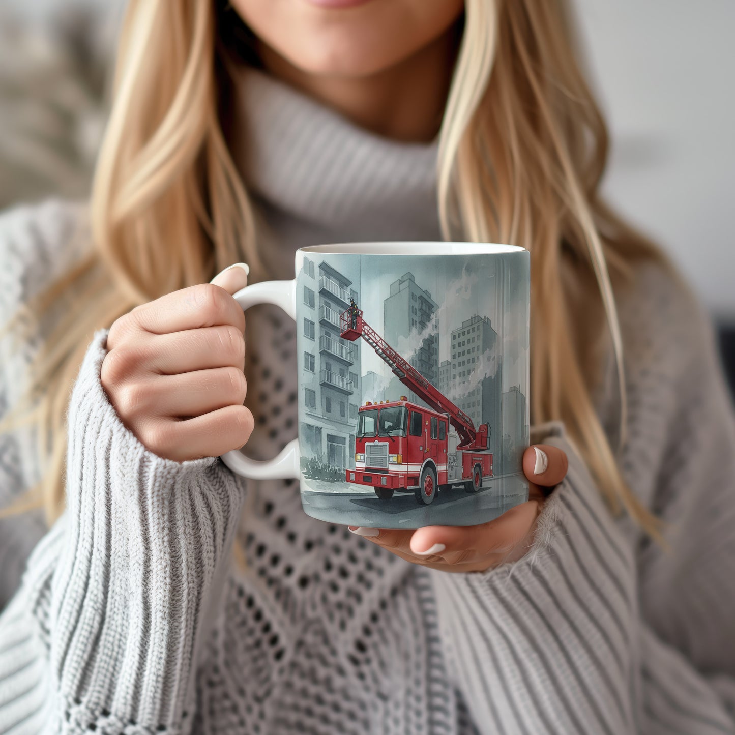 Hrnek s hasičským vozem v ulicích města