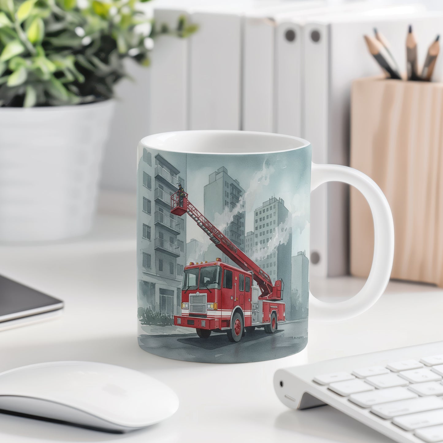 Hrnek s hasičským vozem v ulicích města