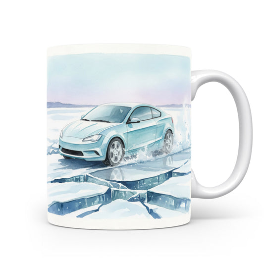 Hrnek s akvarelovým autem na ledě