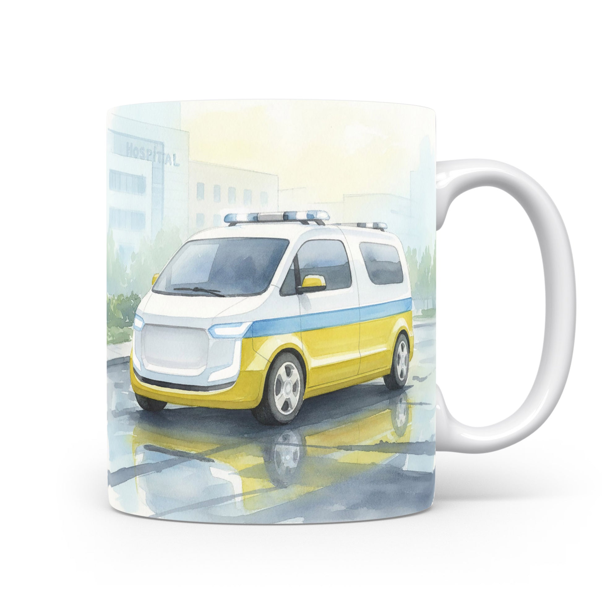 Akvarelová sanitka před nemocnicí na hrnku