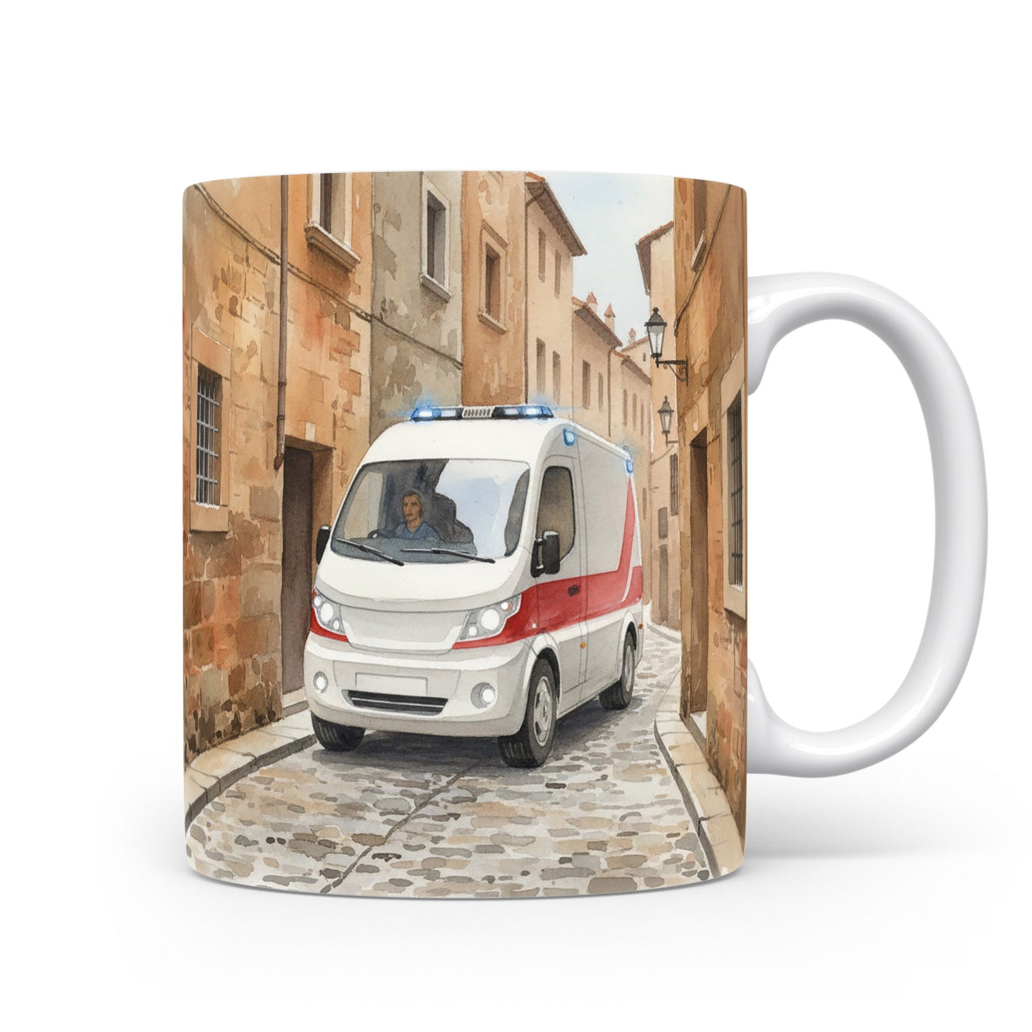 Akvarelový motiv sanitky v historické uličce na hrnku