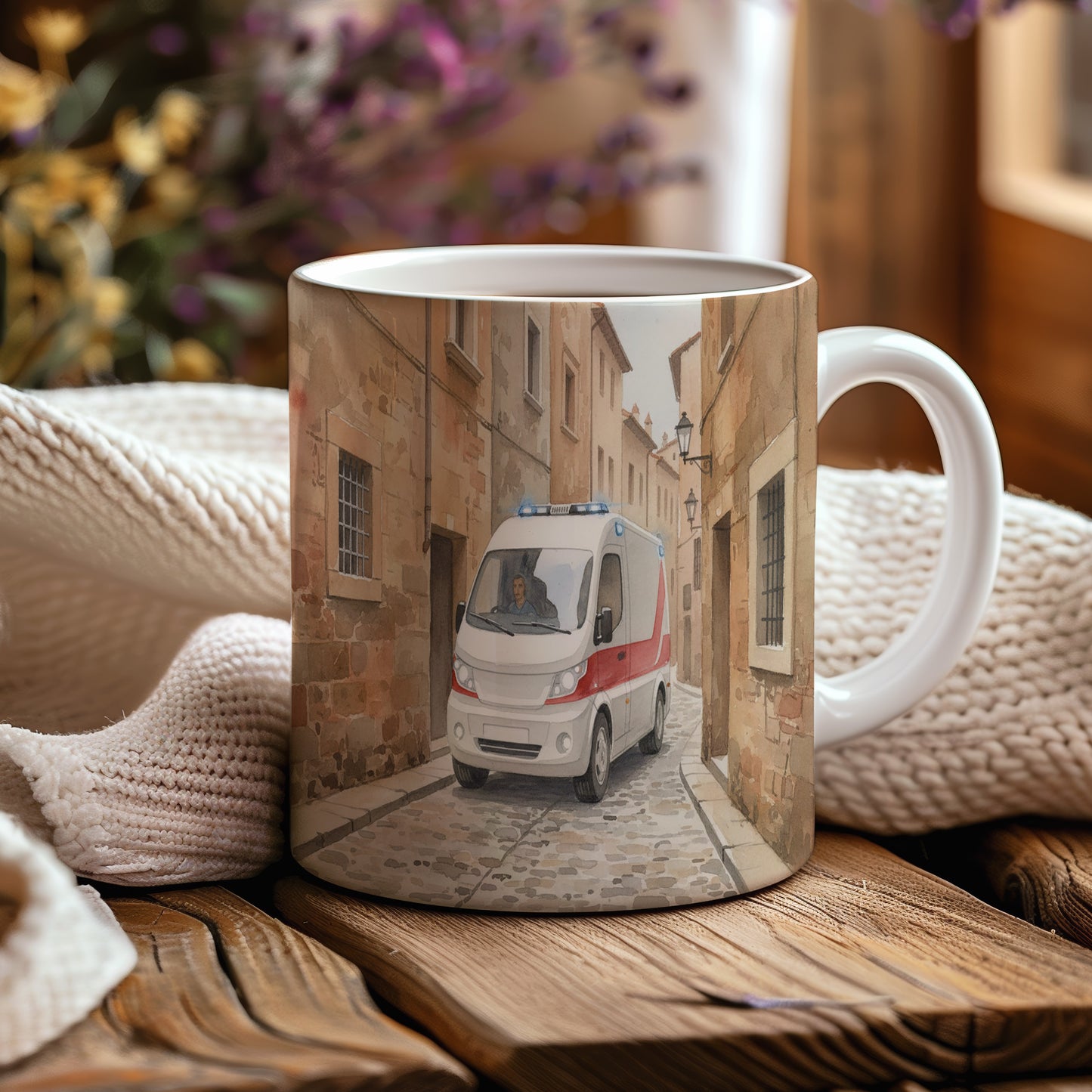 Hrnek s sanitkou v historické uličce