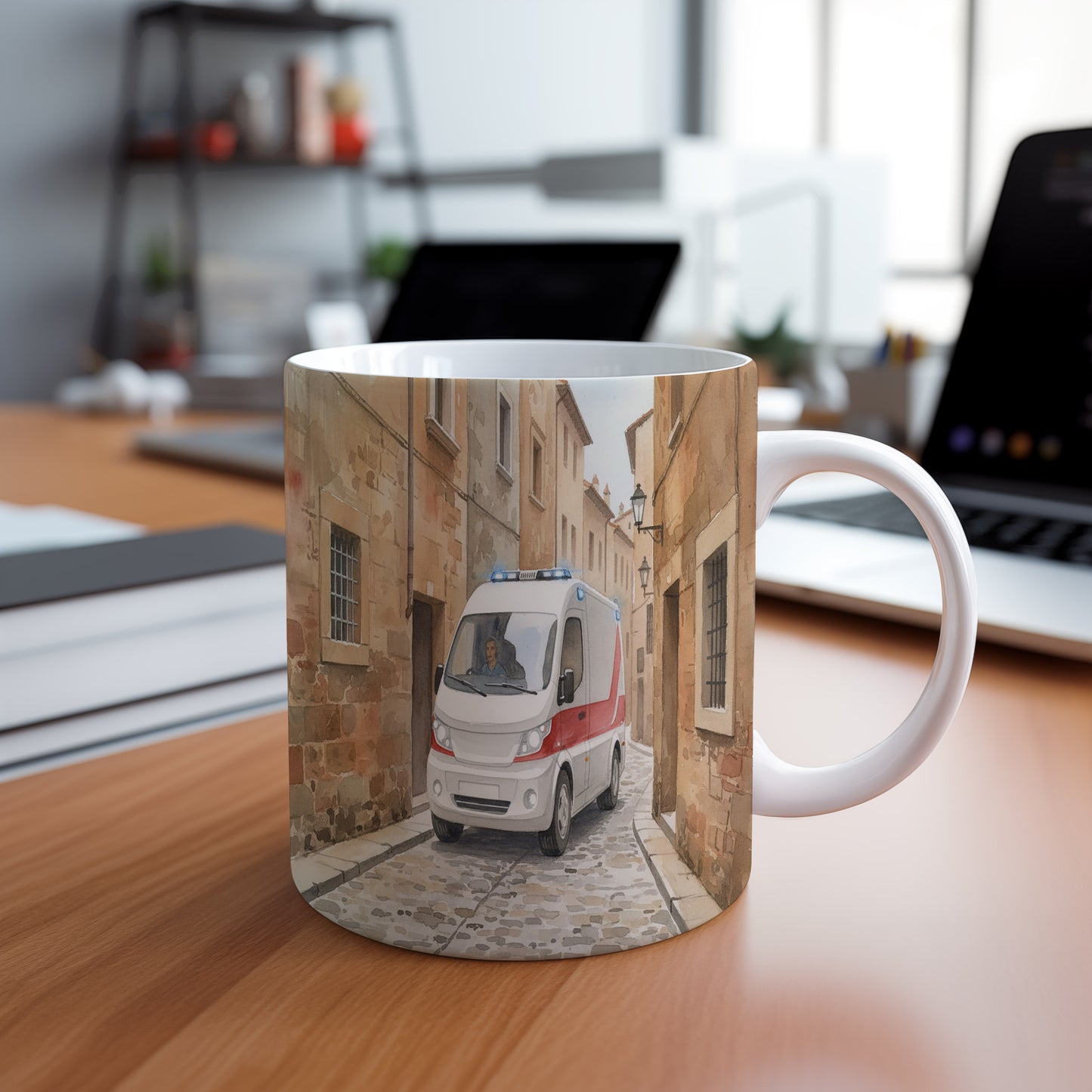 Hrnek s sanitkou v historické uličce