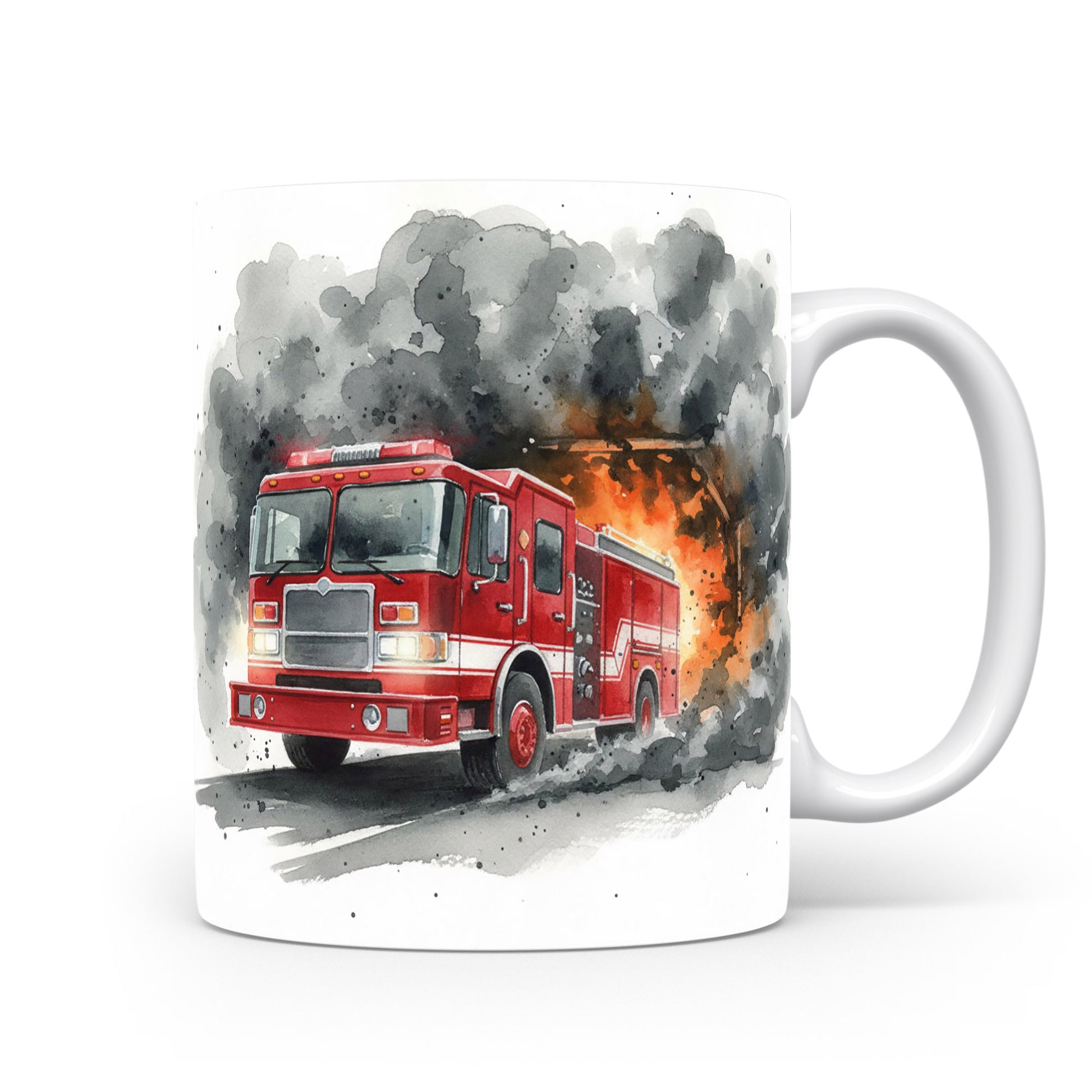 Hasičský vůz projíždějící plameny v akvarelu