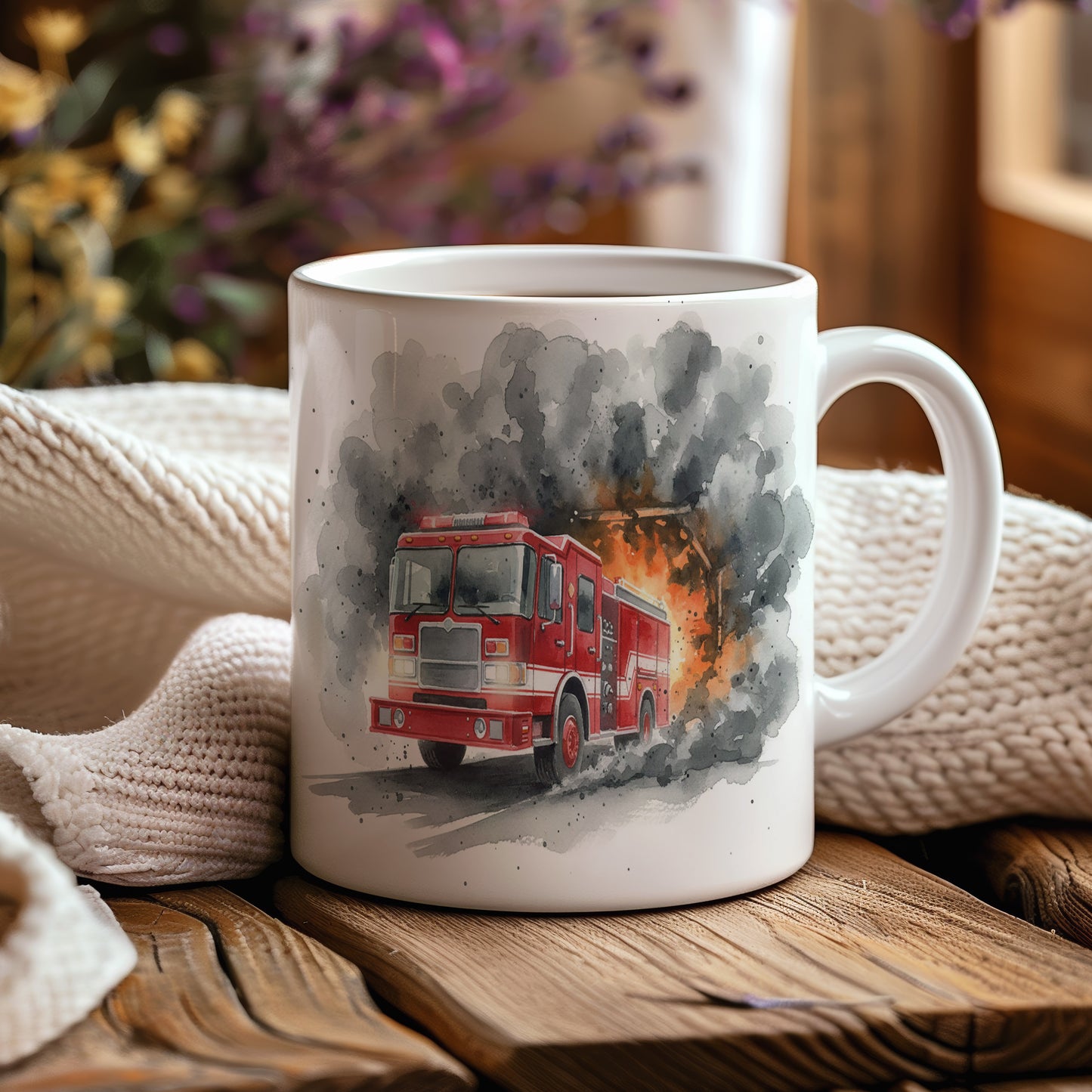 Hrnek s hasičským vozem v ohni