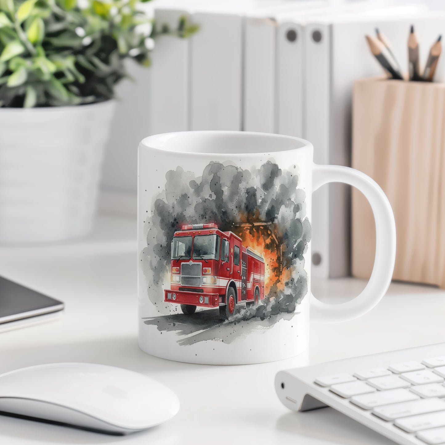 Hrnek s hasičským vozem v ohni