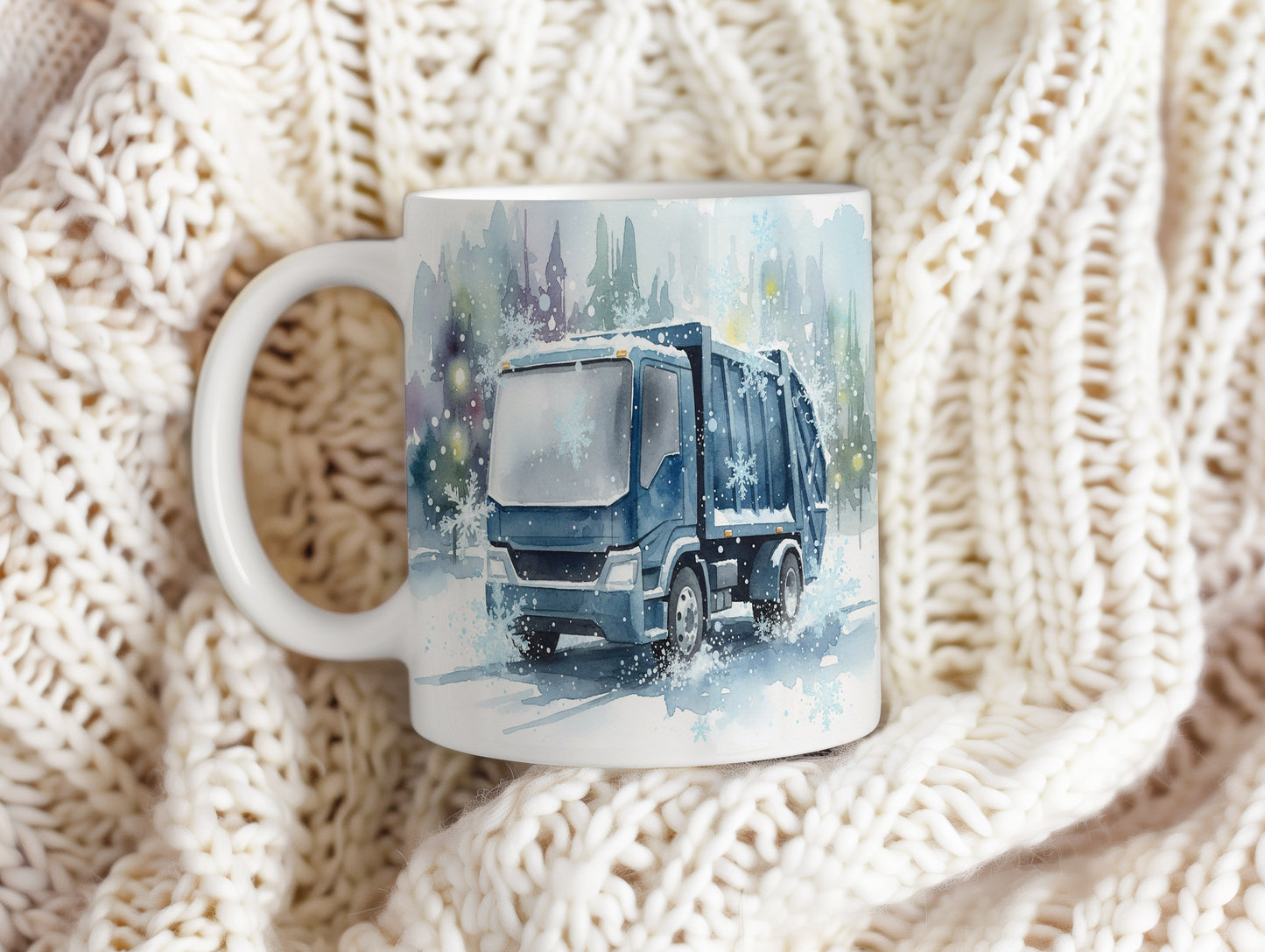 Hrnek se zimním popelářským vozem