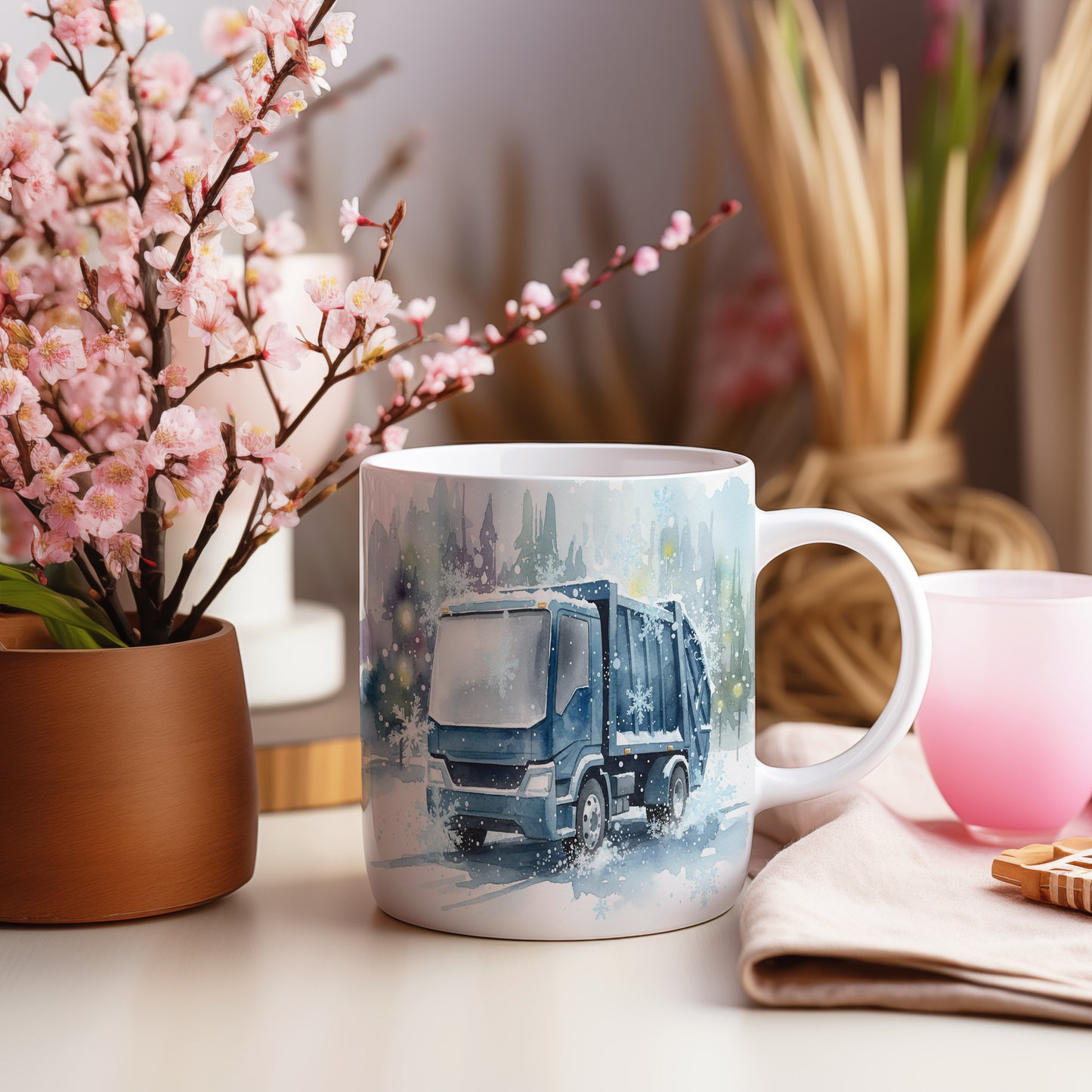 Hrnek se zimním popelářským vozem