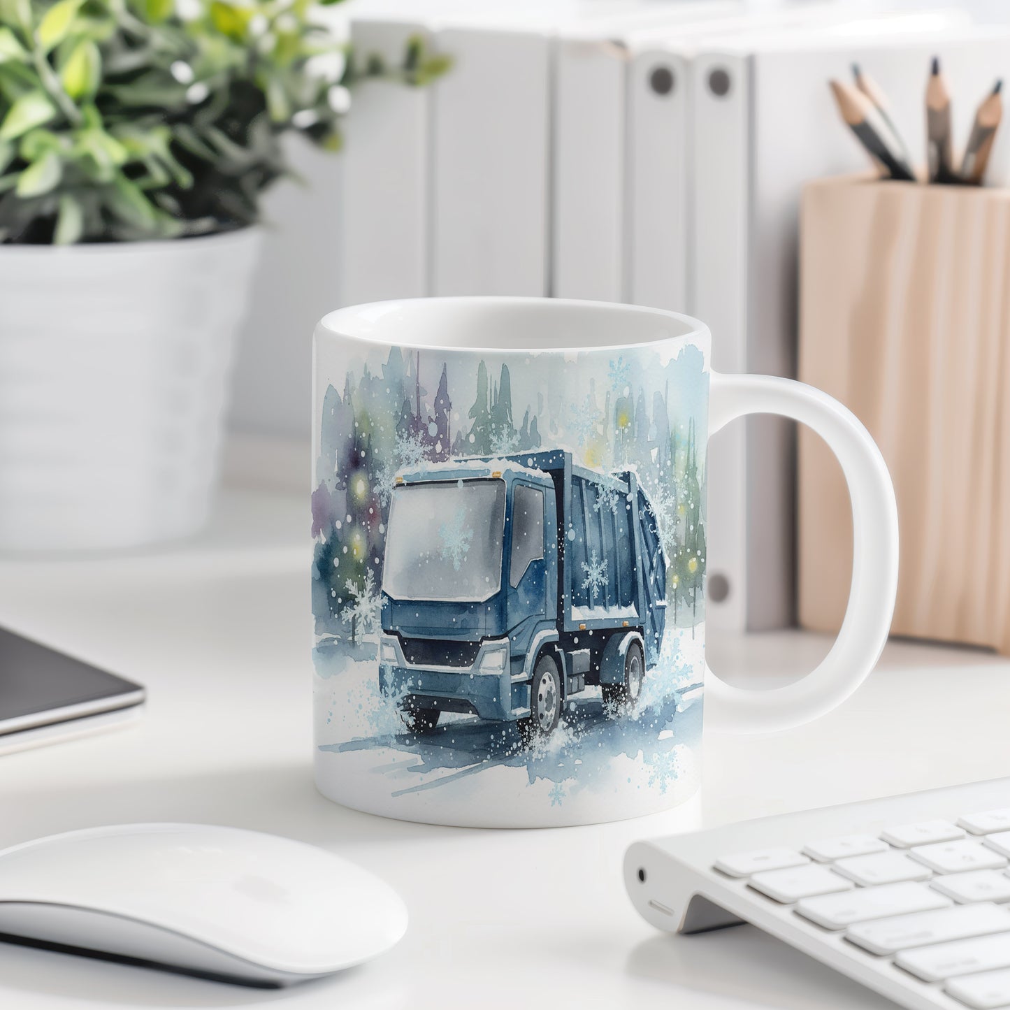 Hrnek se zimním popelářským vozem