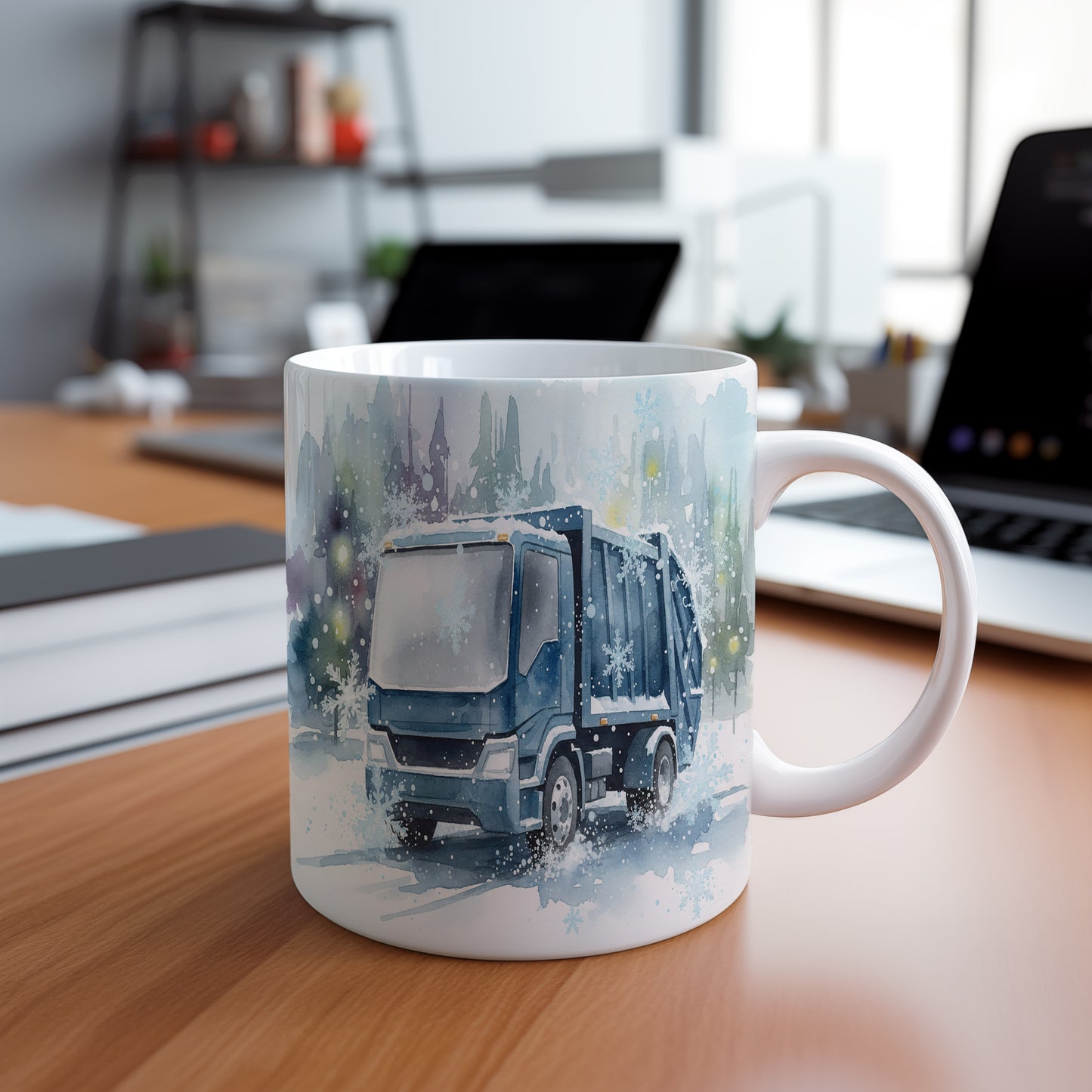 Hrnek se zimním popelářským vozem