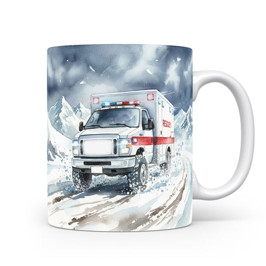 Sanitka v zasněžených horách na hrnku