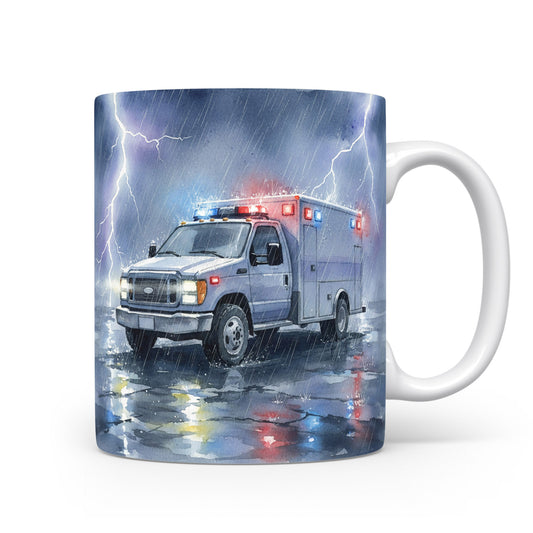 Hrnek s akvarelovou sanitkou v bouřce