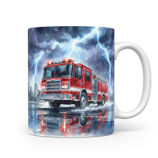 Hasičský vůz v bouři na hrnku