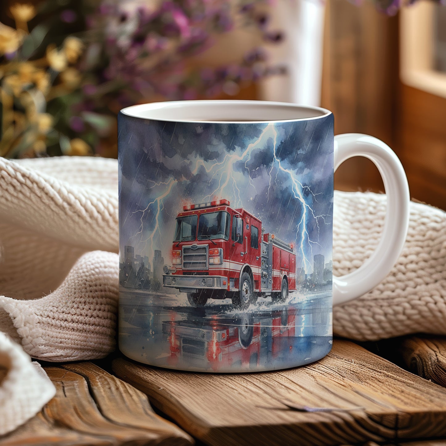 Hrnek s hasičským vozem v bouřlivé akci