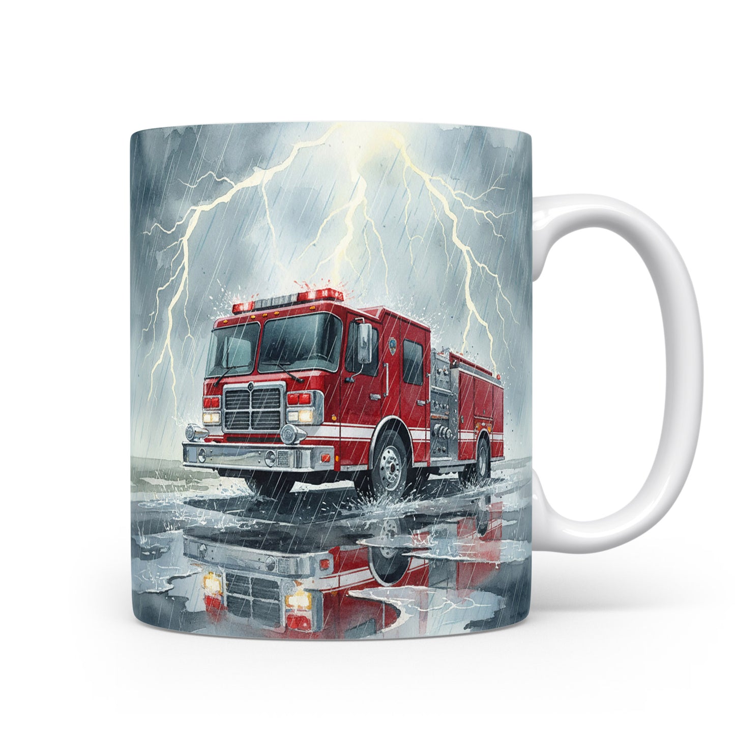 Hasičský vůz v bouři na hrnku