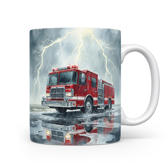 Hasičský vůz v bouři na hrnku