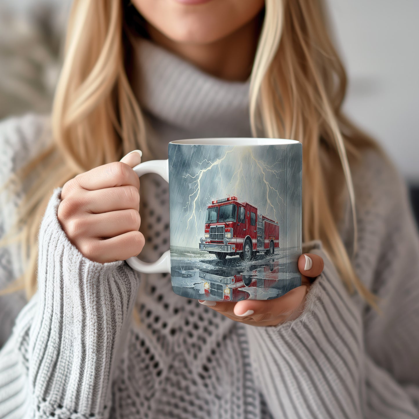 Hrnek s hasičským vozem v bouři