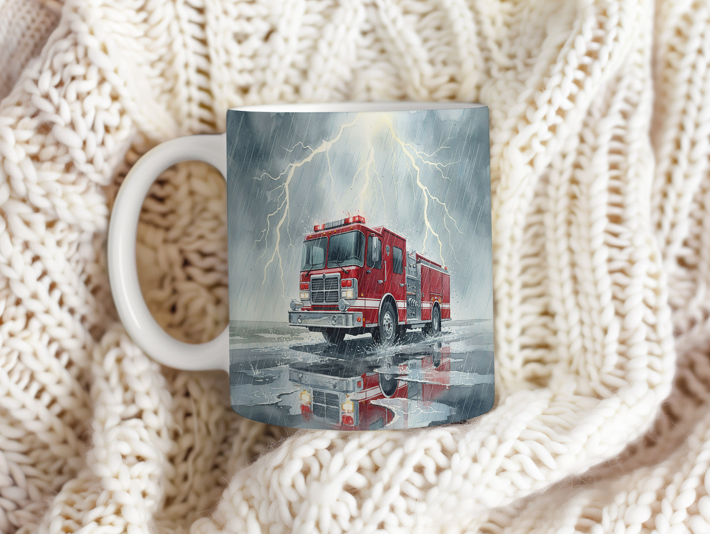 Hrnek s hasičským vozem v bouři