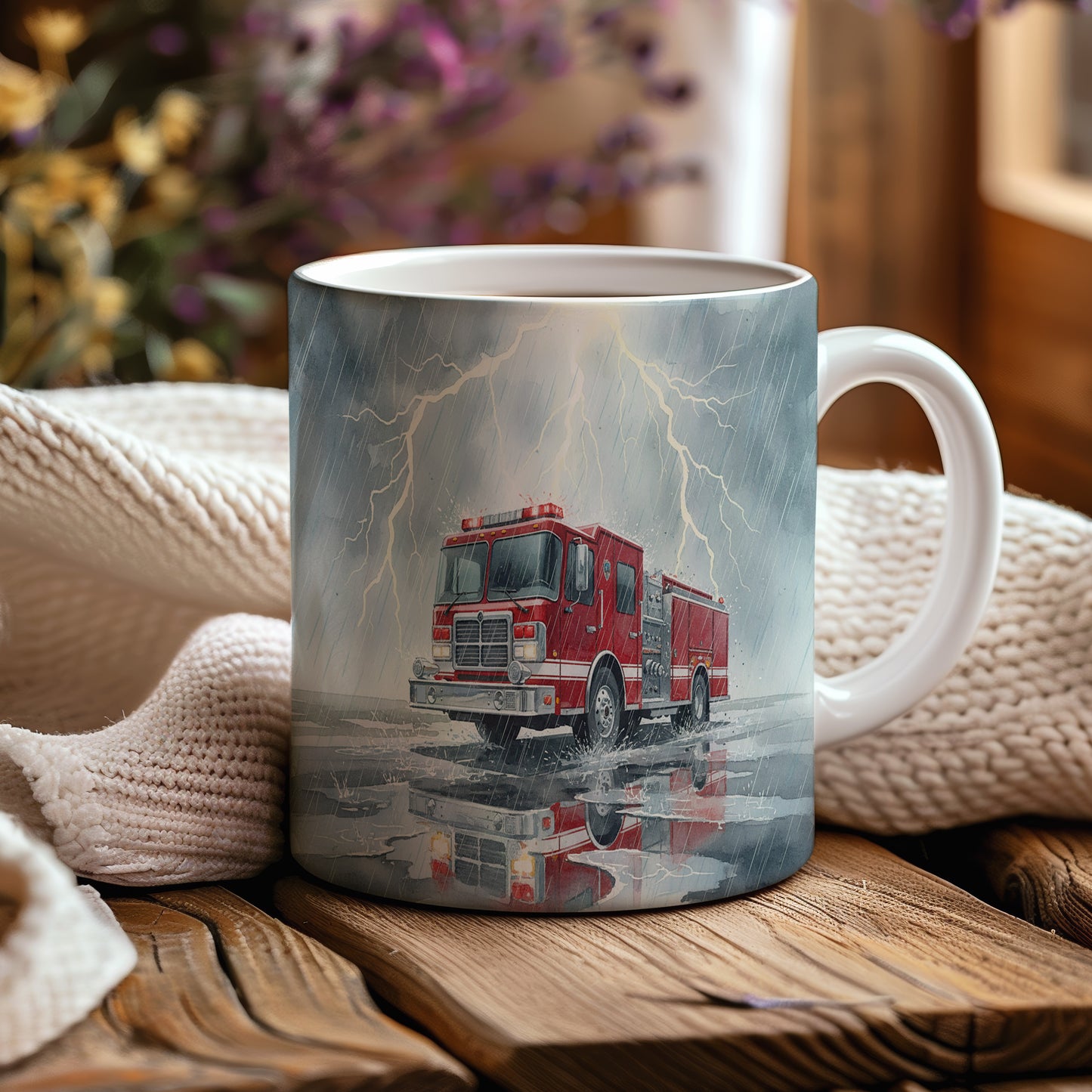 Hrnek s hasičským vozem v bouři