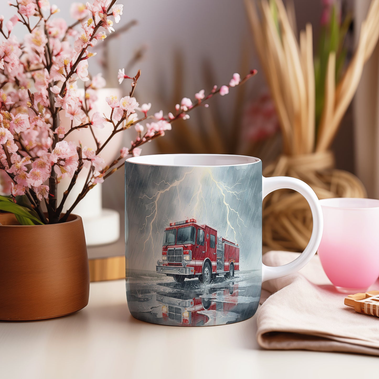 Hrnek s hasičským vozem v bouři