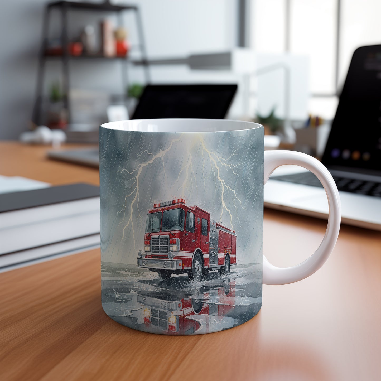 Hrnek s hasičským vozem v bouři