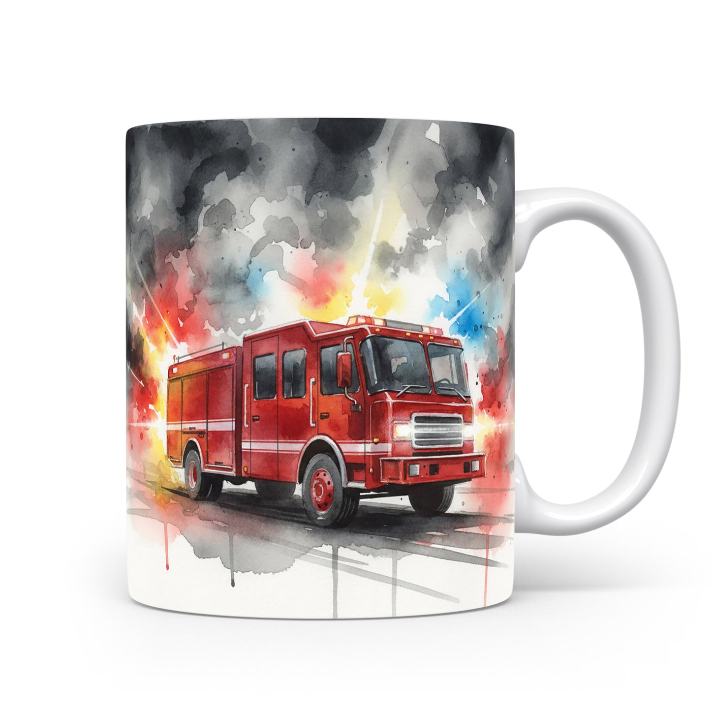 Hasičský vůz v akvarelovém stylu na hrnku