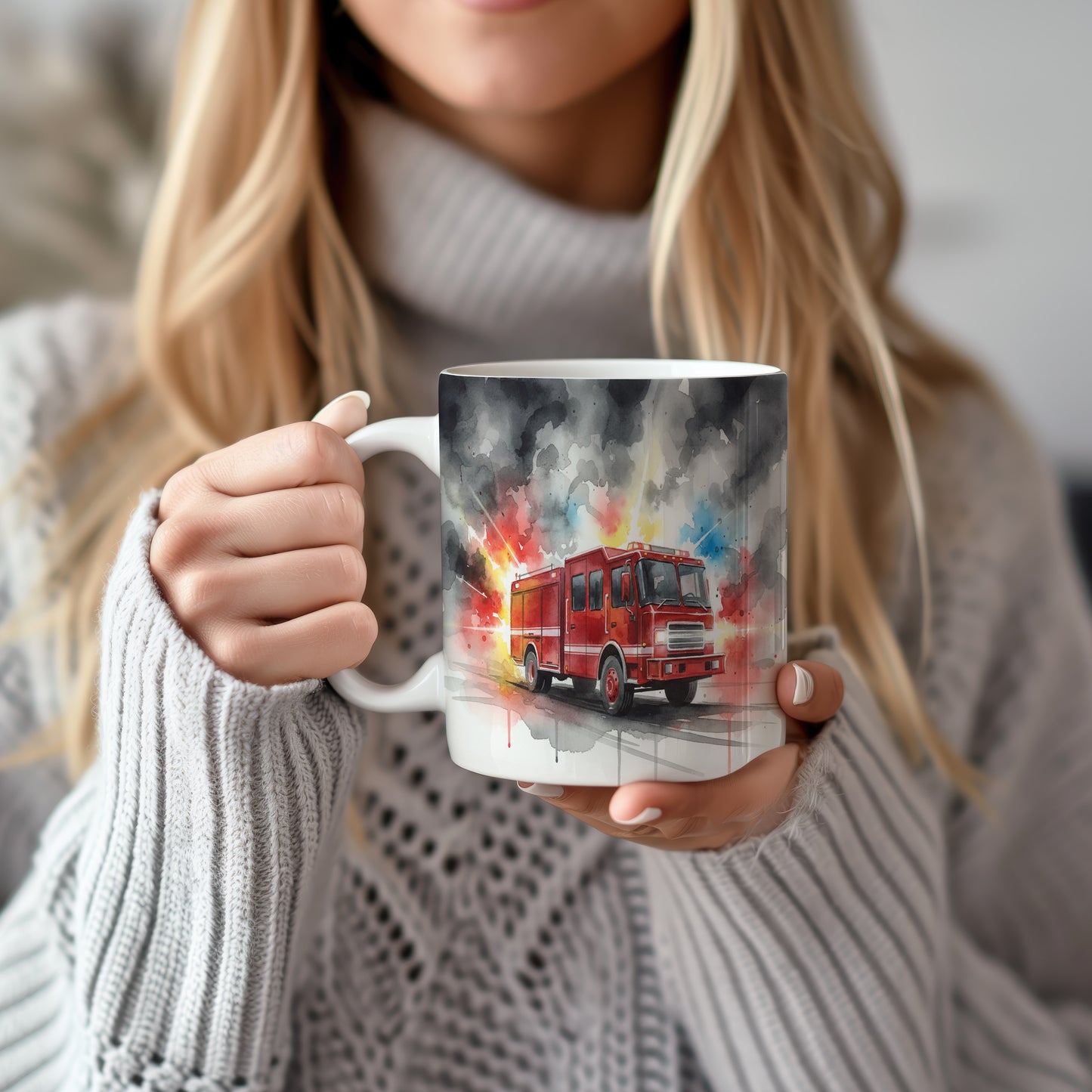 Hrnek s hasičským vozem v akvarelu