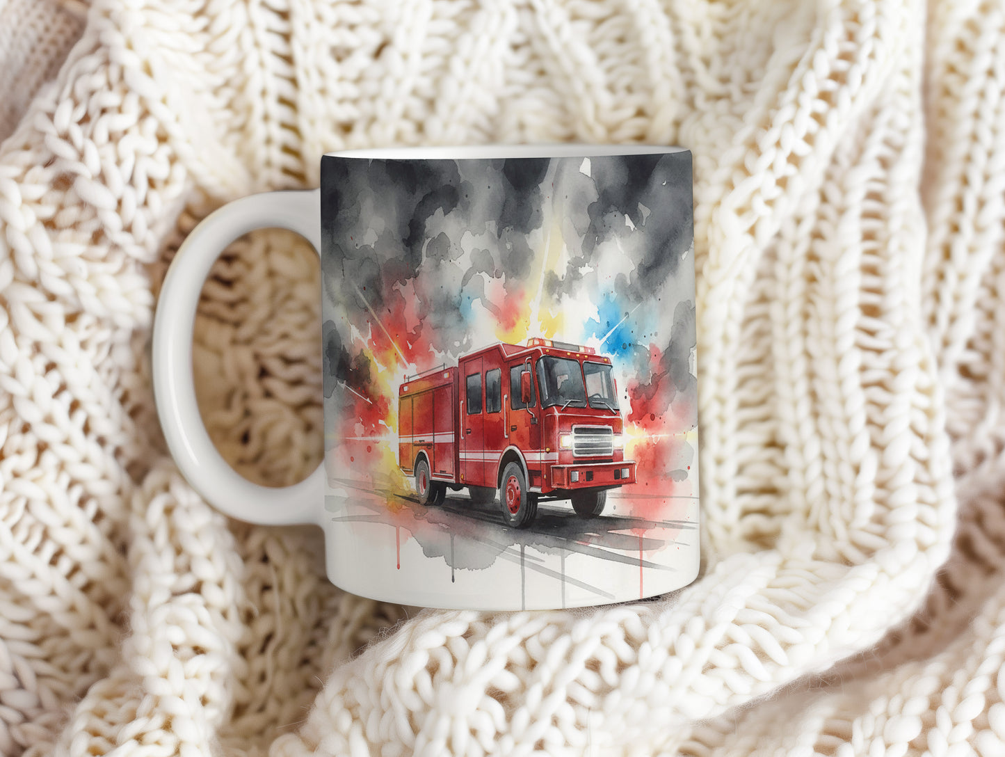 Hrnek s hasičským vozem v akvarelu