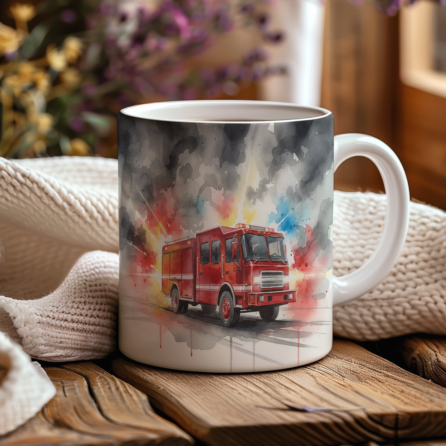 Hrnek s hasičským vozem v akvarelu