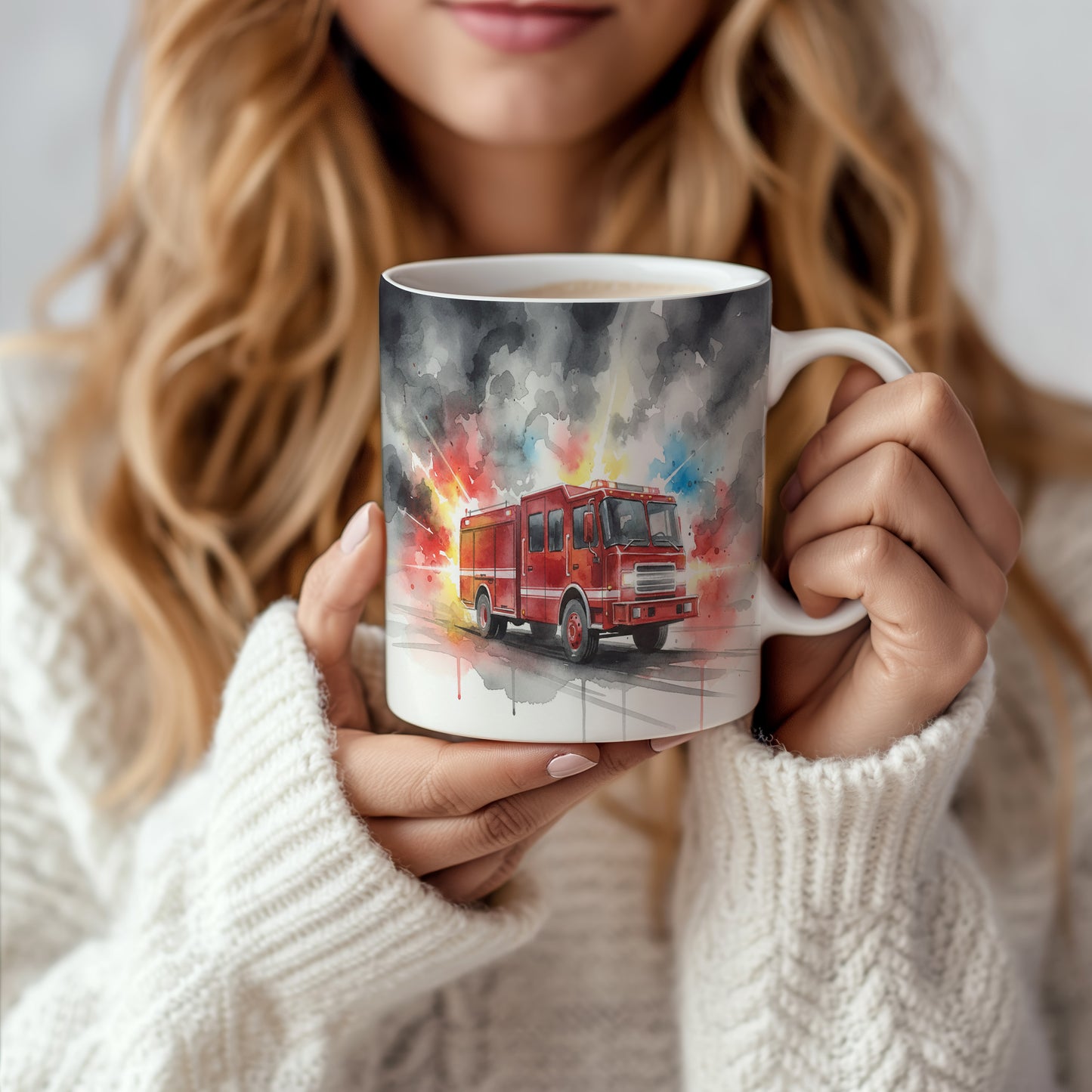 Hrnek s hasičským vozem v akvarelu