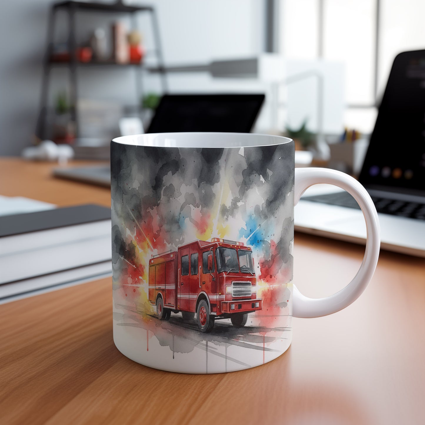 Hrnek s hasičským vozem v akvarelu