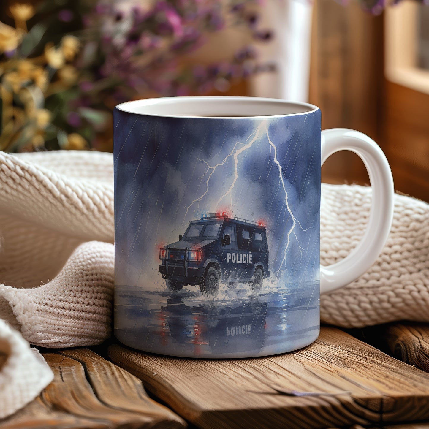Hrnek s policejním vozem v bouřlivém dešti