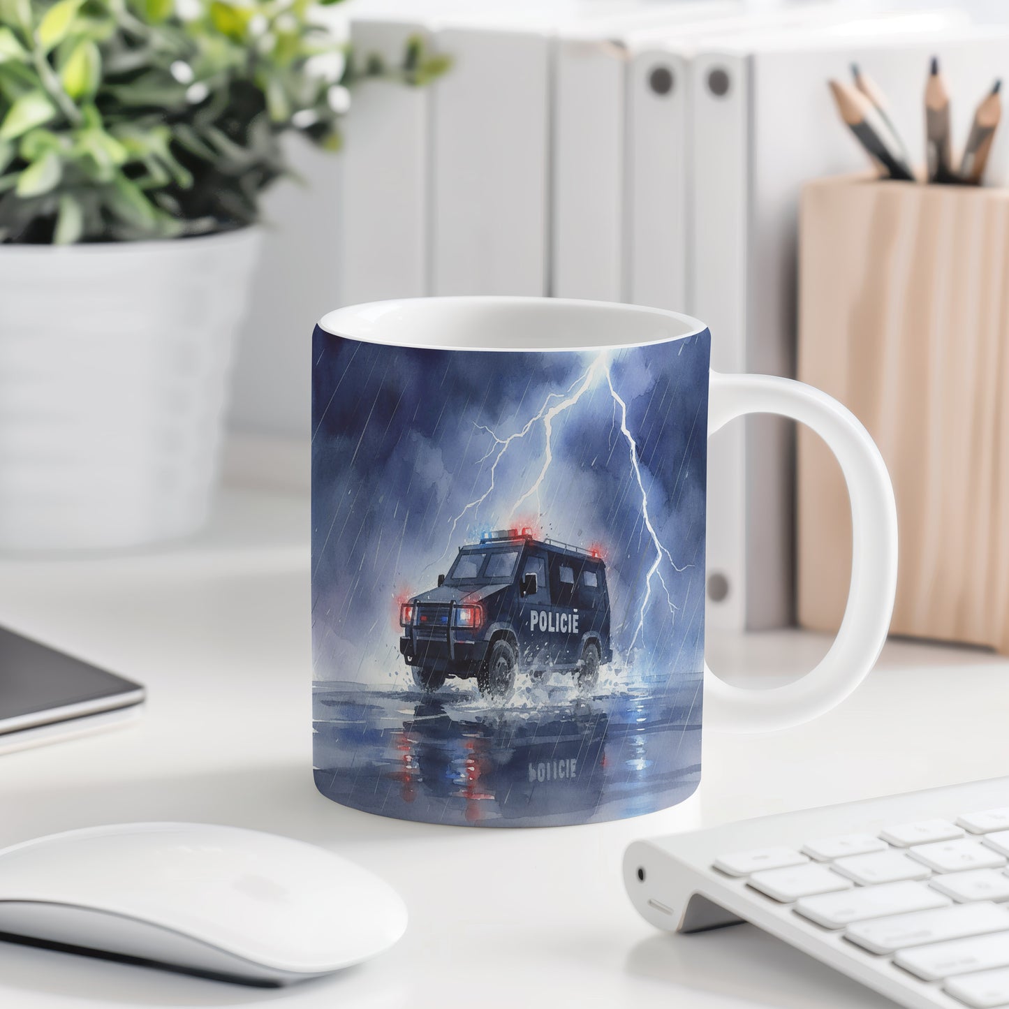 Hrnek s policejním vozem v bouřlivém dešti